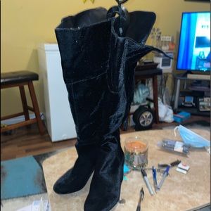 Black Faux Suede over the knee block heel boots